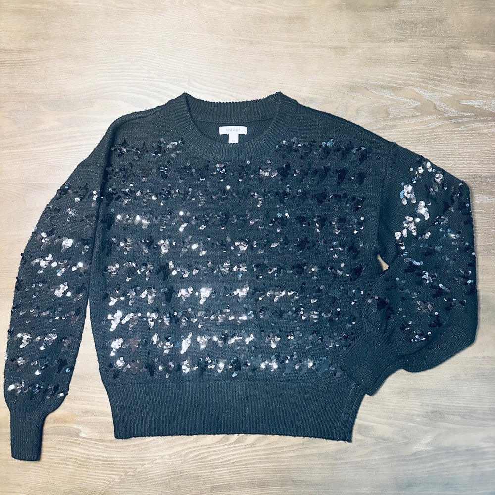 Nine West Sequin Sweater‎ Womens Medium Gray Sparkle Knit Long Sleeve Top